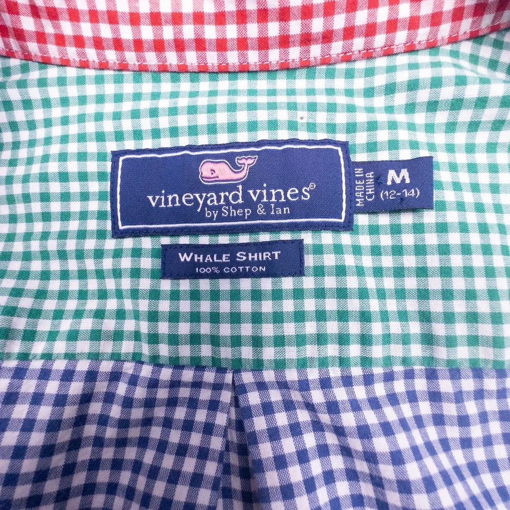 Vineyard Vines Red Blue Green Gingham Check Long‎ Sleeve Boys Medium (12-14)